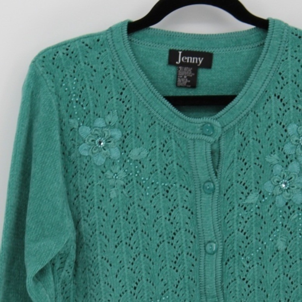 Jenny $68 Medium Retro Teal Pointelle Knit Floral Embellished Button Cardigan‎ - Picture 6 of 13
